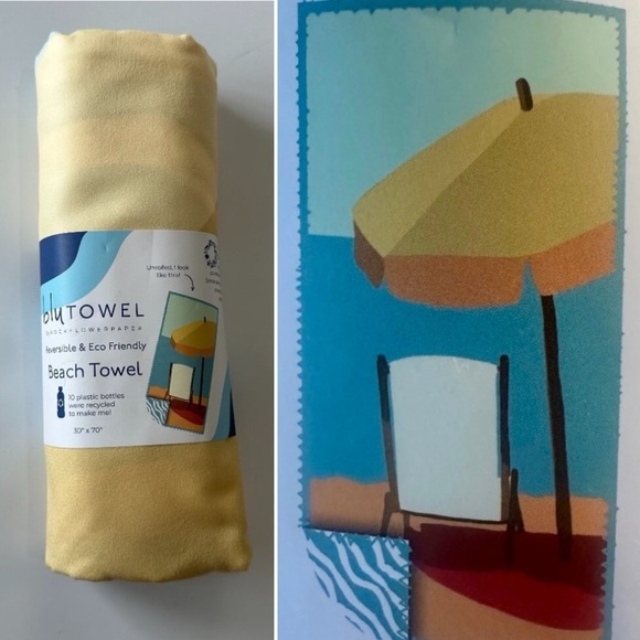 Set of 2 RockFlowerPaper Yellow & Blue Reversible Eco Beach Towels - Picture 1 of 6